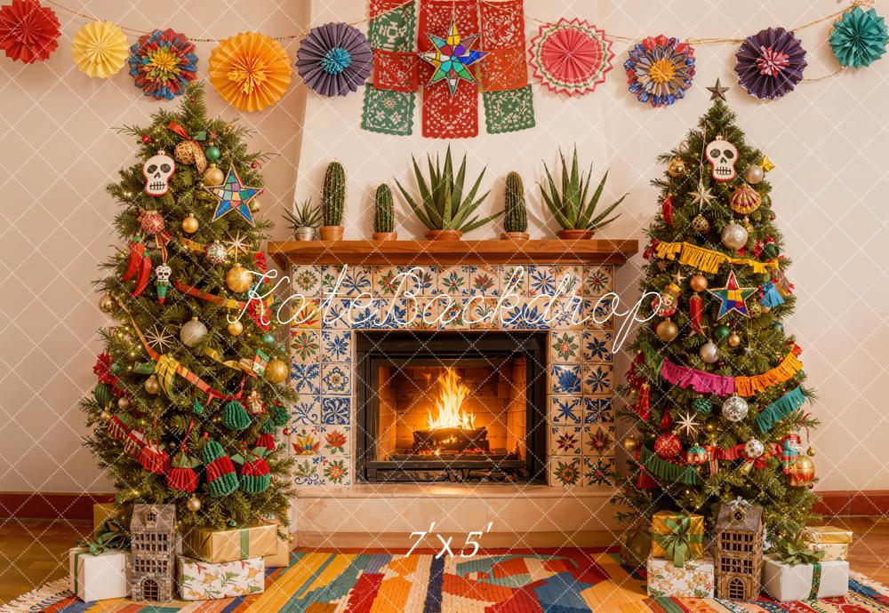 Kate Christmas Fireplace Papel Picado Trees Backdrop Designed by Emetselch -UK