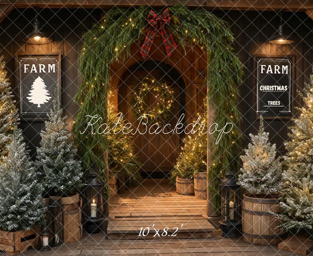 Kate Christmas Farmhouse Trees Entrance Fleece Backdrop Designed by Emetselch -UK
