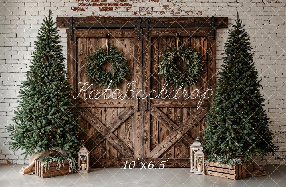 Kate Christmas Barn Door Wreath Trees Rustic Backdrop Designed by Emetselch -UK