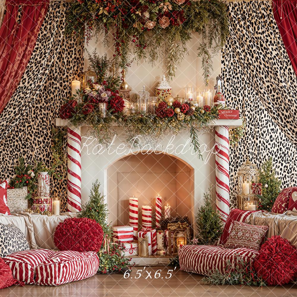 Kate Christmas Fireplace Red Leopard Curtains Backdrop Designed by Emetselch
