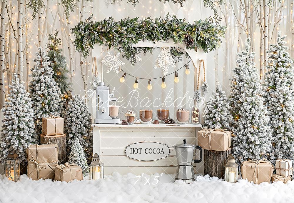 Kate Winter Christmas Hot Cocoa Gifts Snowy Trees Backdrop Designed by Emetselch -UK