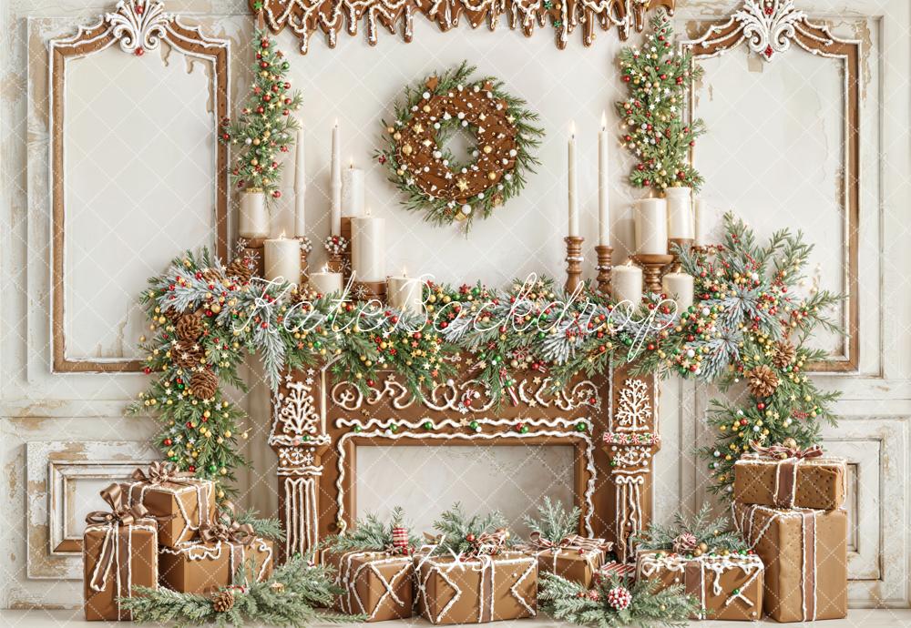 Kate Christmas Gingerbread Fireplace Garland Gifts Backdrop Designed by Emetselch