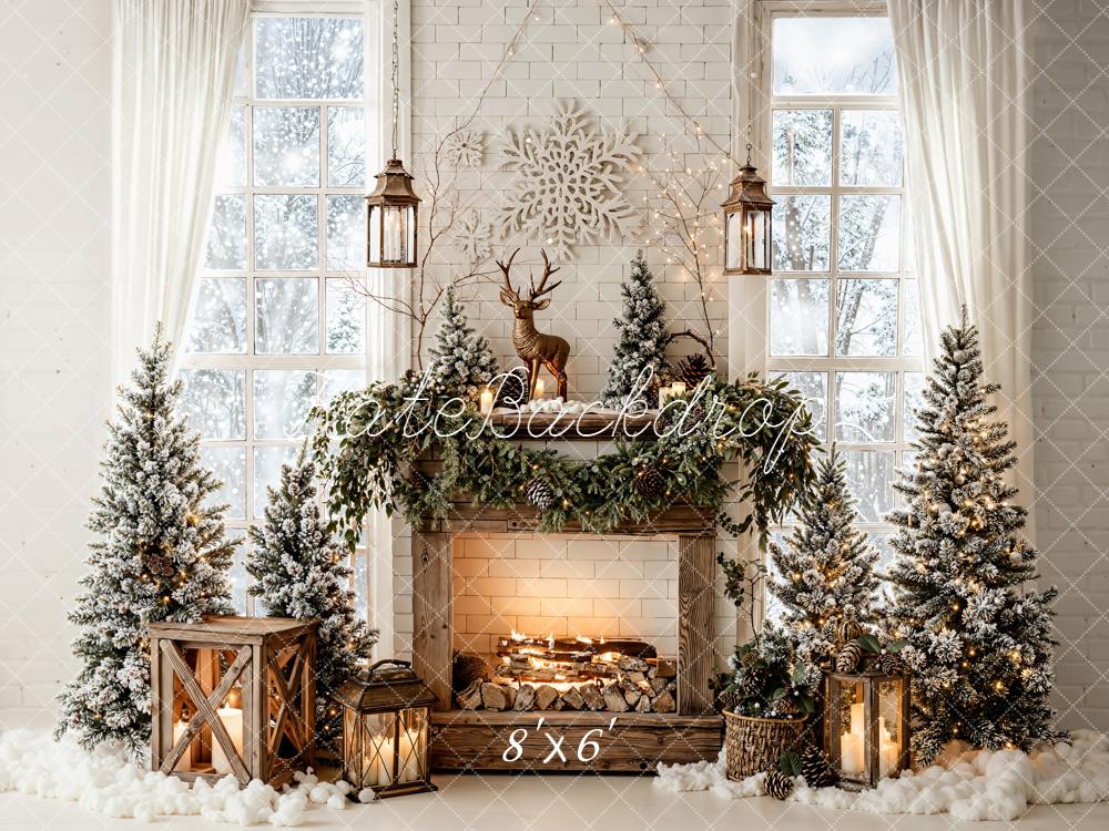 Kate Christmas Fireplace Snowflake Garland Trees Backdrop Designed by Emetselch -UK