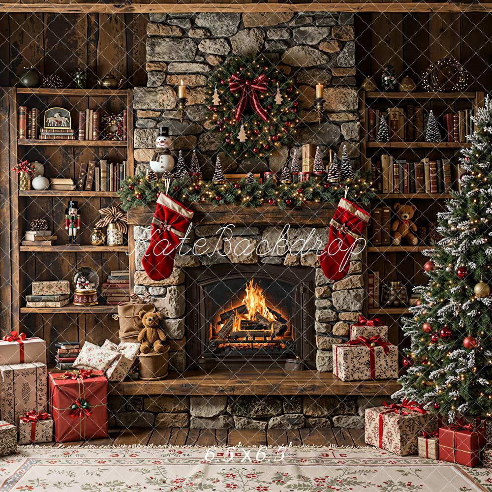 Kate Christmas Fireplace Stone Wall Tree Backdrop Designed by Emetselch
