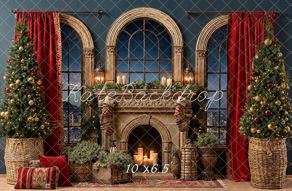 Kate Christmas Fireplace Arched Windows Trees Fleece Backdrop Designed by Emetselch