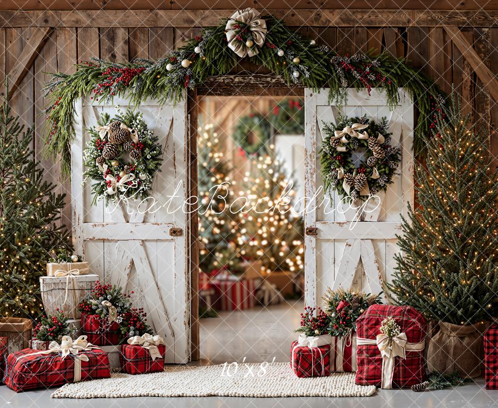 Kate Christmas Barn Doors Wreath Trees Fleece Backdrop Designed by Emetselch -UK