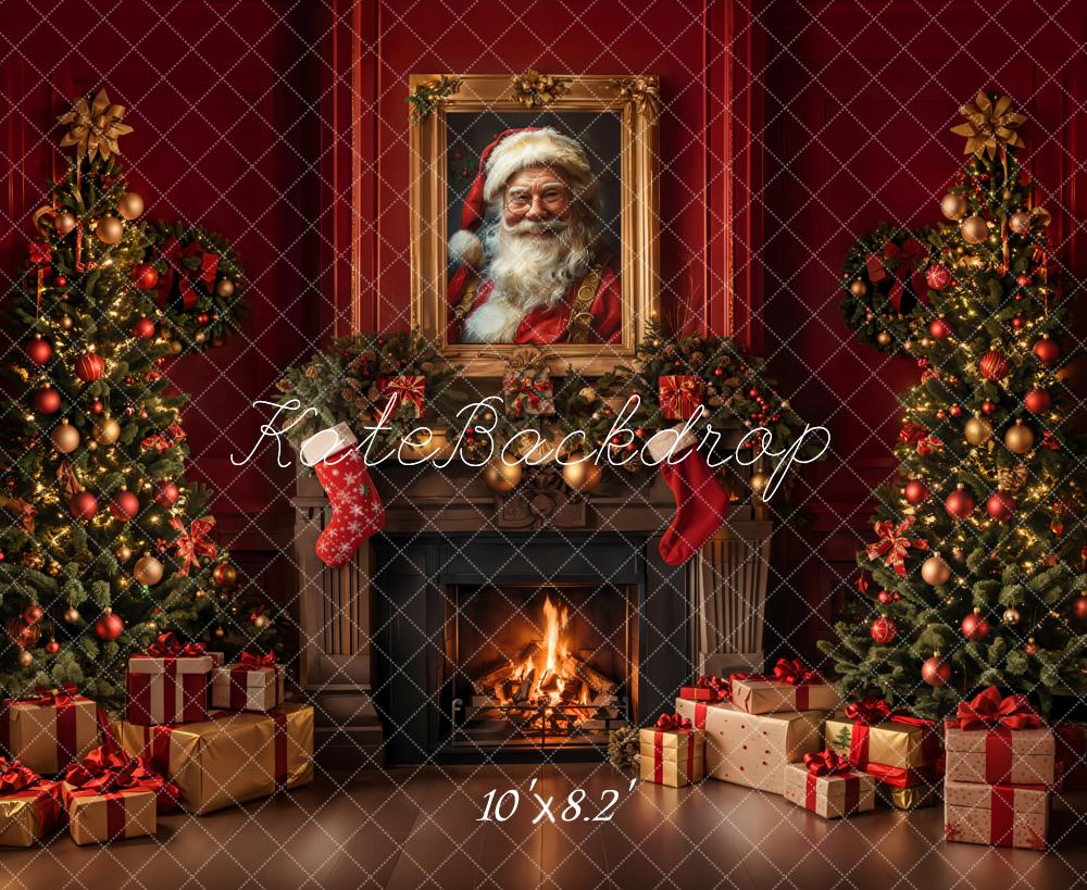 Kate Christmas Retro Fireplace Red Wall Backdrop Designed by Emetselch -UK