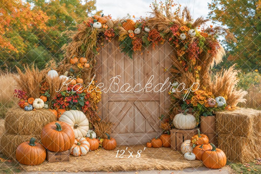 Kate Autumn Pumpkins Wooden Door Fleece Backdrop Designed by Emetselch -UK