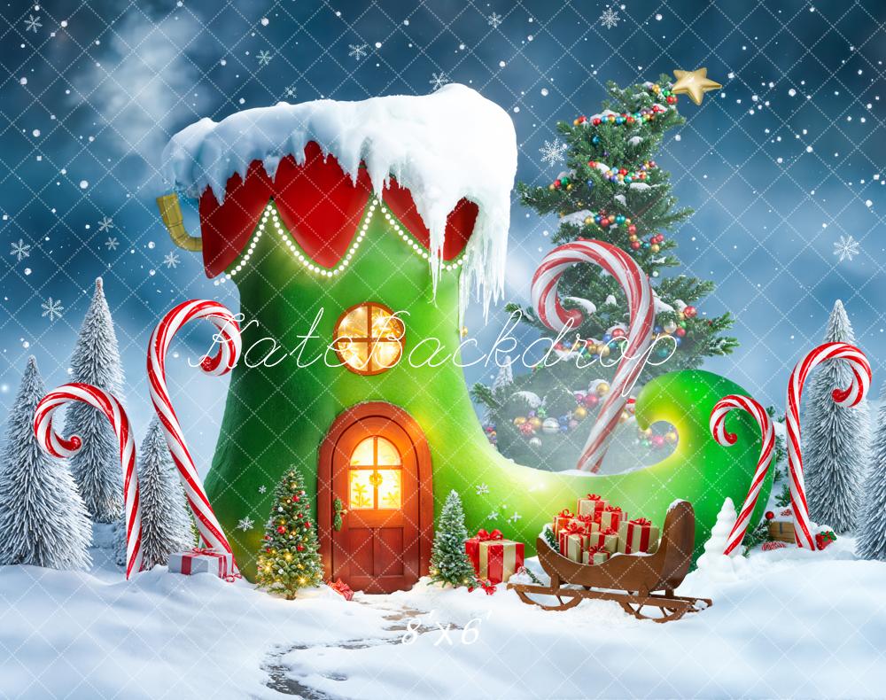 Kate Christmas Elf Shoe Tree Candy Canes Fleece Backdrop Designed by Emetselch -UK