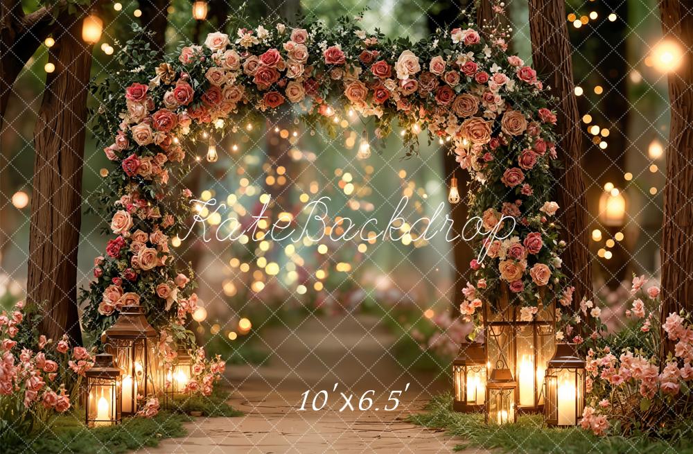 Kate Floral Arch Lanterns Bokeh Forest Fleece Backdrop Designed by Emetselch