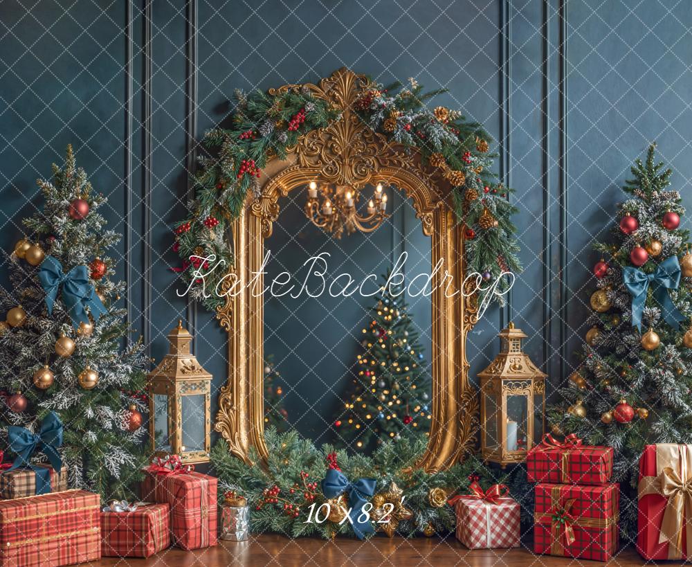 Kate Christmas Trees Gold Mirror Gifts Blue Backdrop Designed by Emetselch -UK
