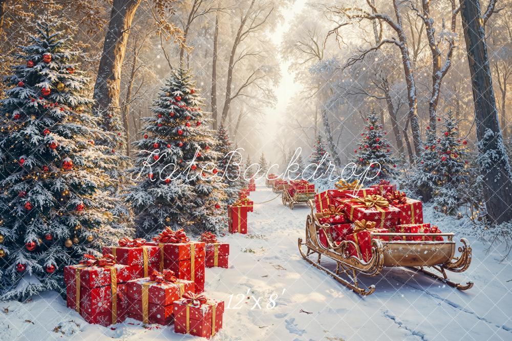 Kate Christmas Forest Sleigh Presents Fleece Backdrop Designed by Emetselch