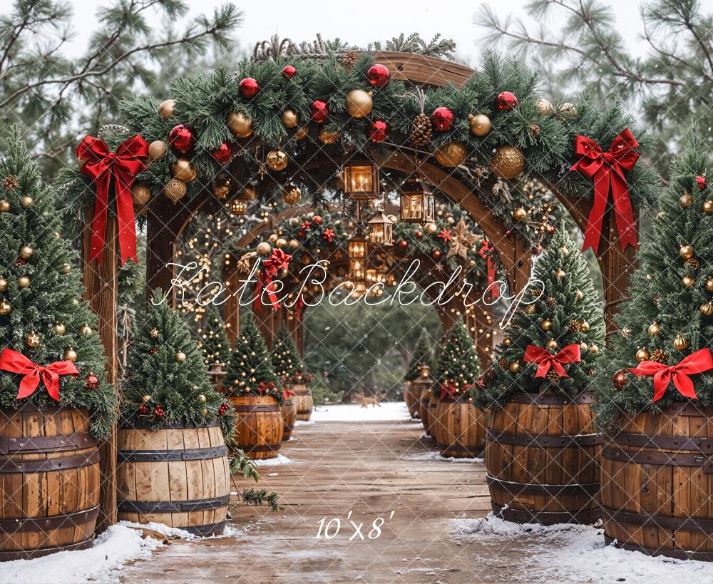 Kate Christmas Archway Lanterns Pine Trees Fleece Backdrop Designed by Emetselch -UK
