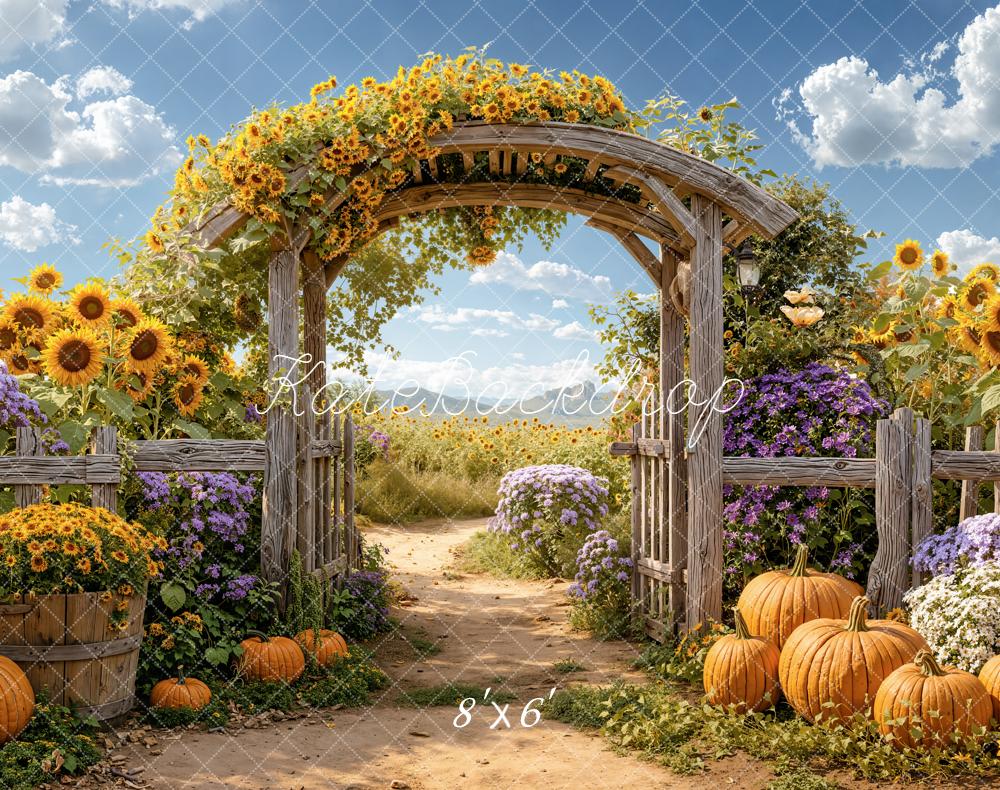 Kate Autumn Sunflower Arch Pumpkins Garden Fleece Backdrop Designed by Emetselch -UK