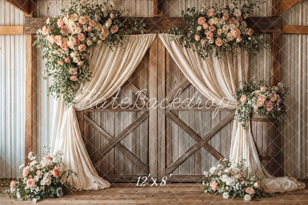 Kate Wedding Floral Barn Doors Fleece Backdrop Designed by Emetselch -UK