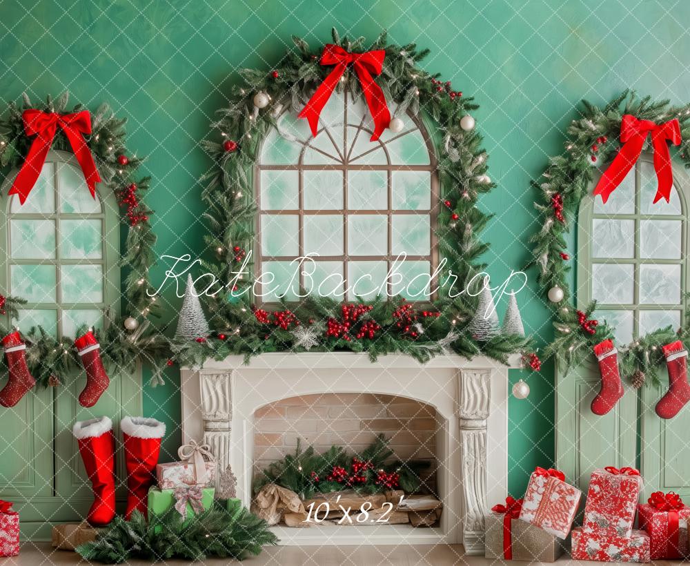 Kate Christmas Fireplace Wreaths Stockings Green Backdrop Designed by Patty Robert