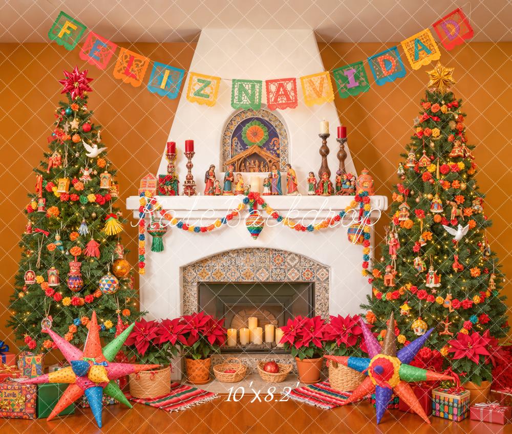 Kate Christmas Fireplace Trees Piñatas Fleece Backdrop Designed by Emetselch -UK