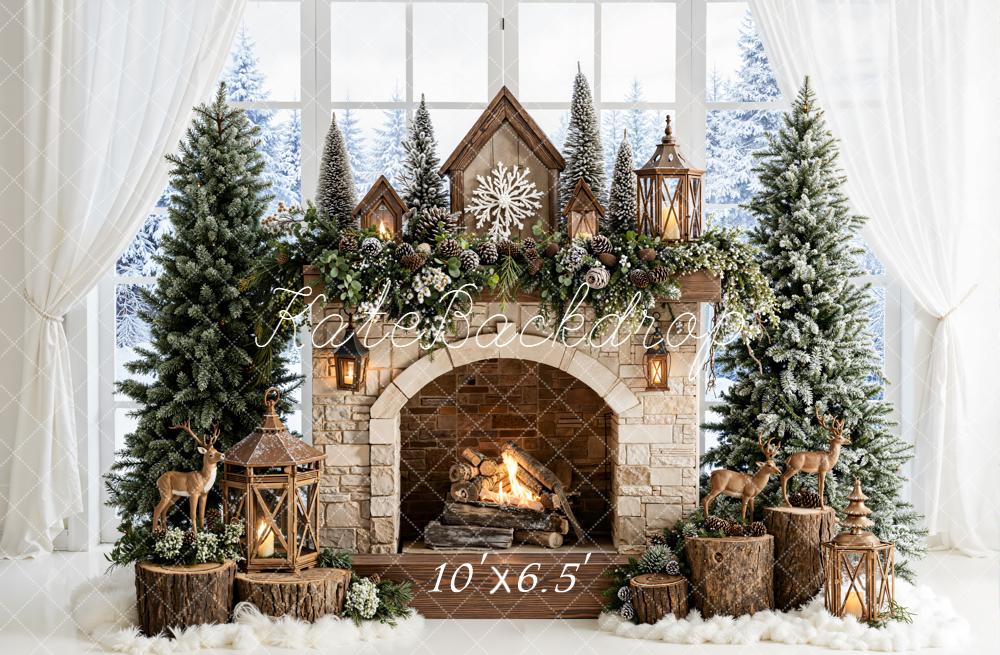 Kate Christmas Fireplace Trees Reindeer Backdrop Designed by Emetselch -UK