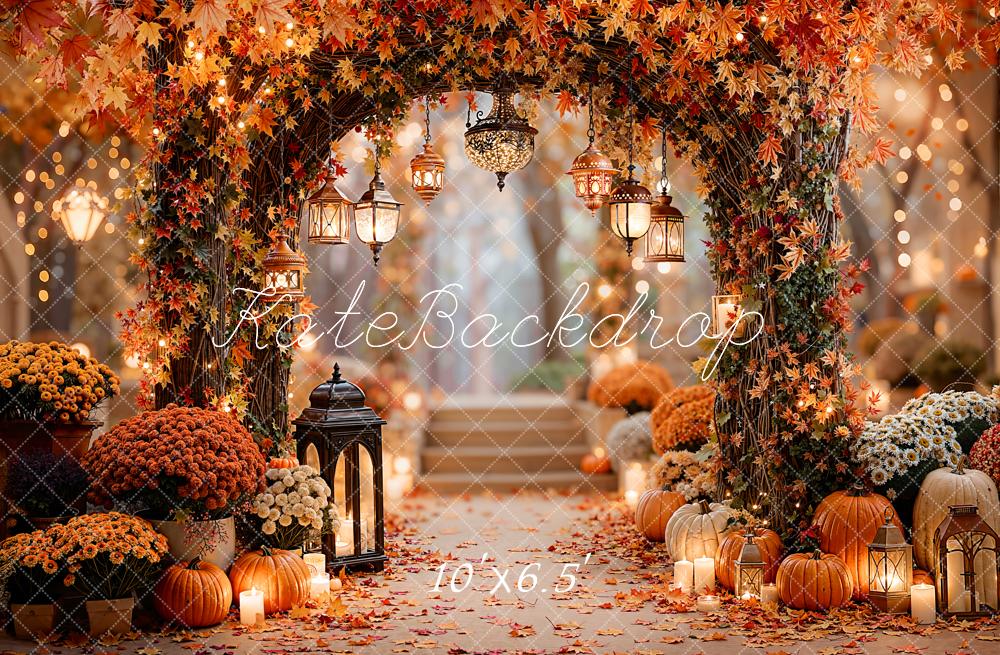 Kate Autumn Flower Arch Pumpkins Lanterns Fleece Backdrop Designed by Emetselch -UK