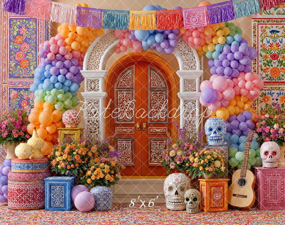 Kate Day Of The Dead Colourful Balloons Skulls Fleece Backdrop Designed by Emetselch -UK