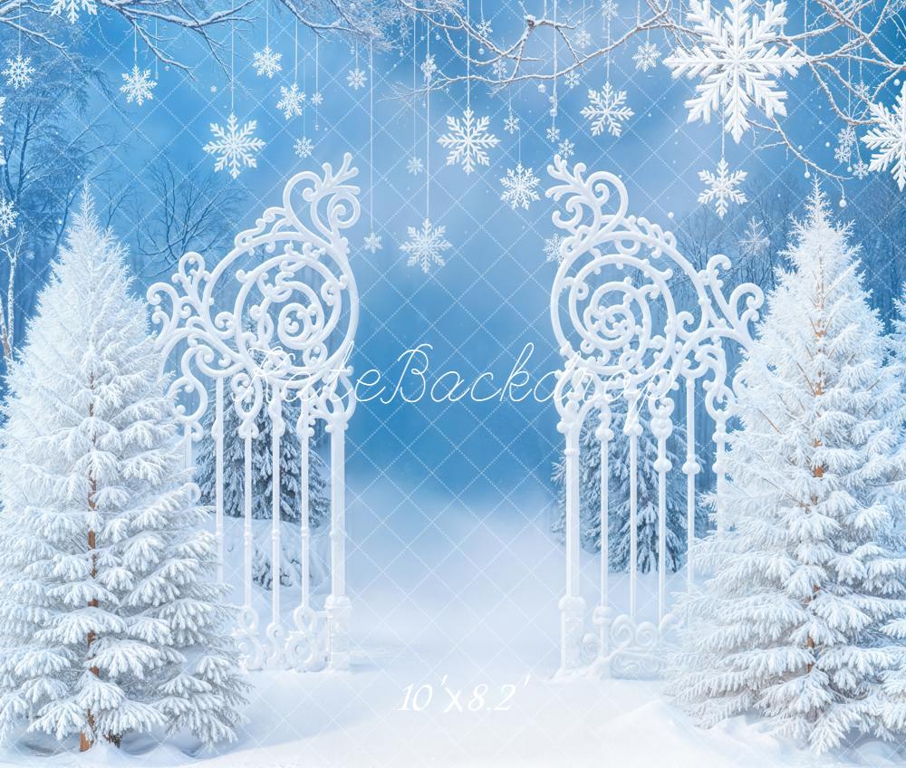 Kate Winter Snowflakes White Trees Gate Fleece Backdrop Designed by Emetselch -UK