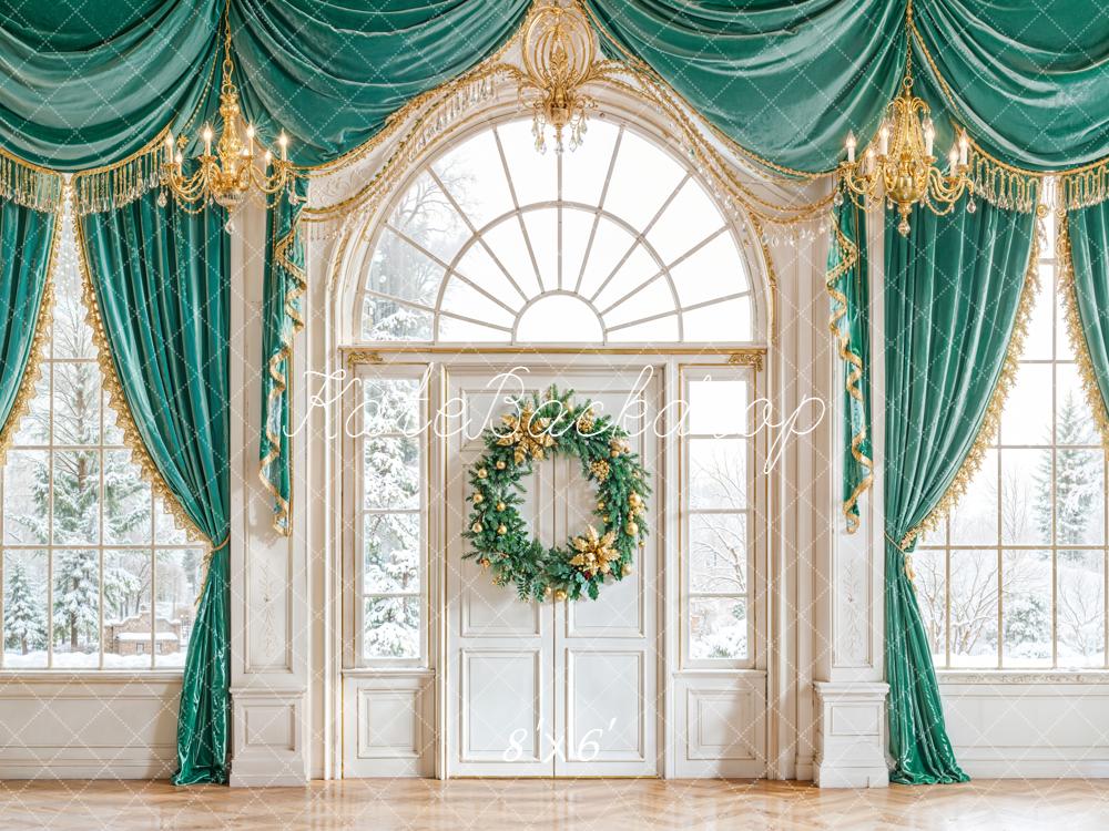 Kate Christmas Wreath Grand Windows Green Curtains Backdrop Designed by Emetselch -UK