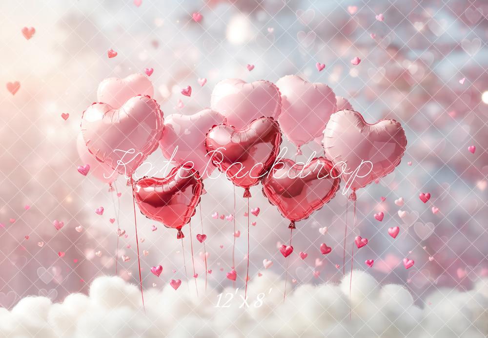 Kate Valentine Pink Hearts Balloons Clouds Fleece Backdrop Designed by Emetselch -UK