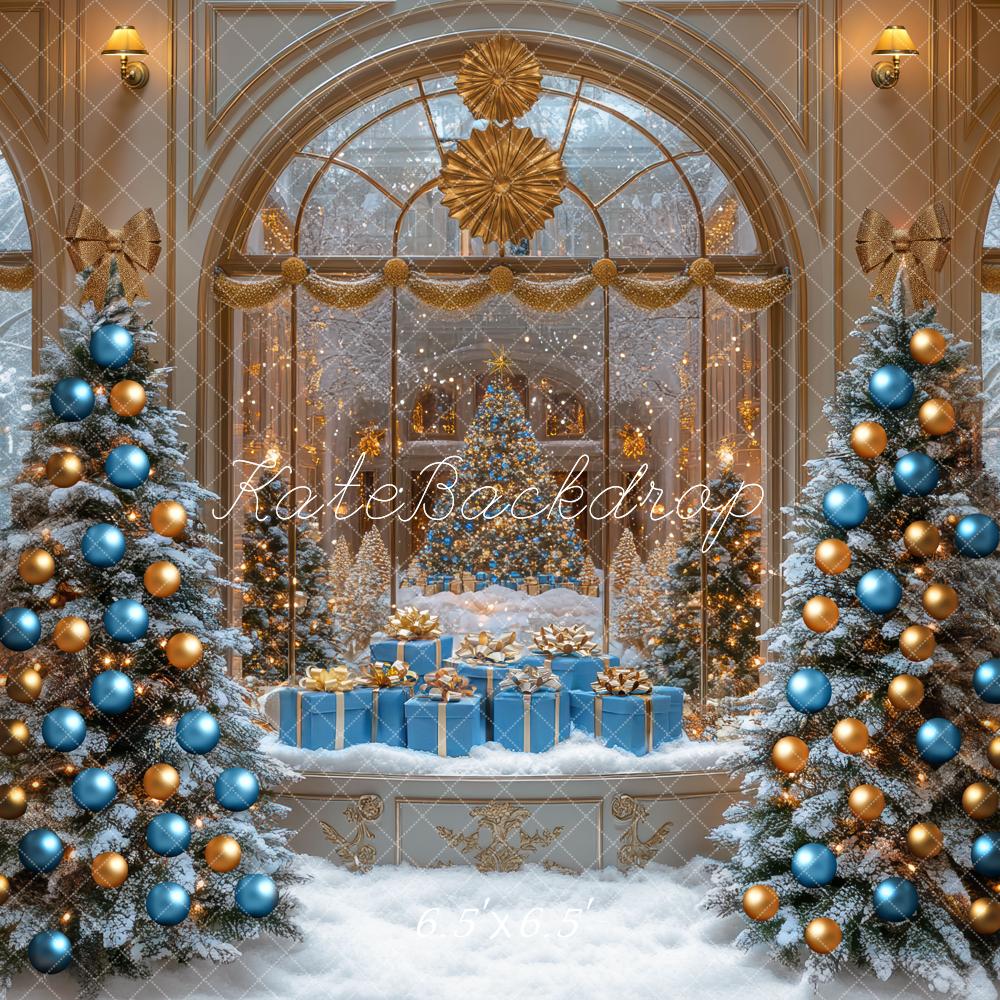 Kate Christmas Snowy Trees Presents Gold Backdrop Designed by Mini MakeBelieve -UK