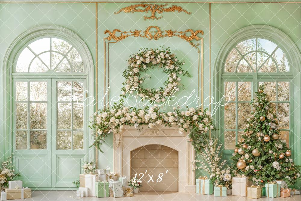 Kate Christmas Mint Fireplace Fleece Backdrop Designed by Emetselch