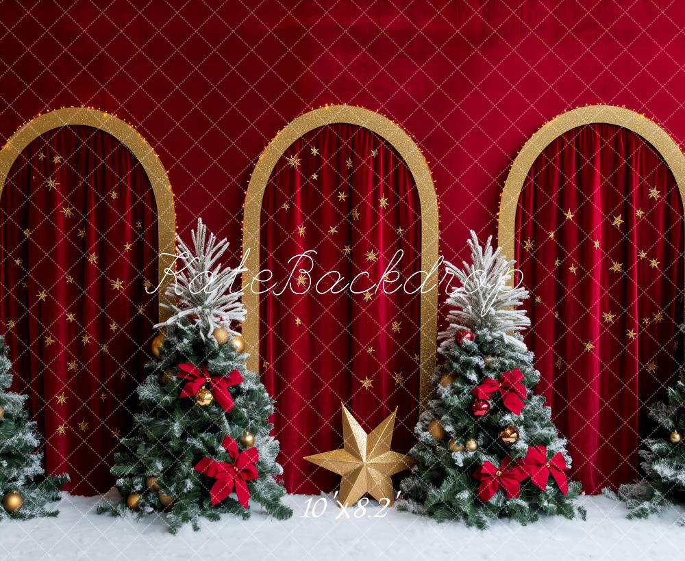 Kate Christmas Holiday Red Curtains Trees Backdrop Designed by Patty Robert