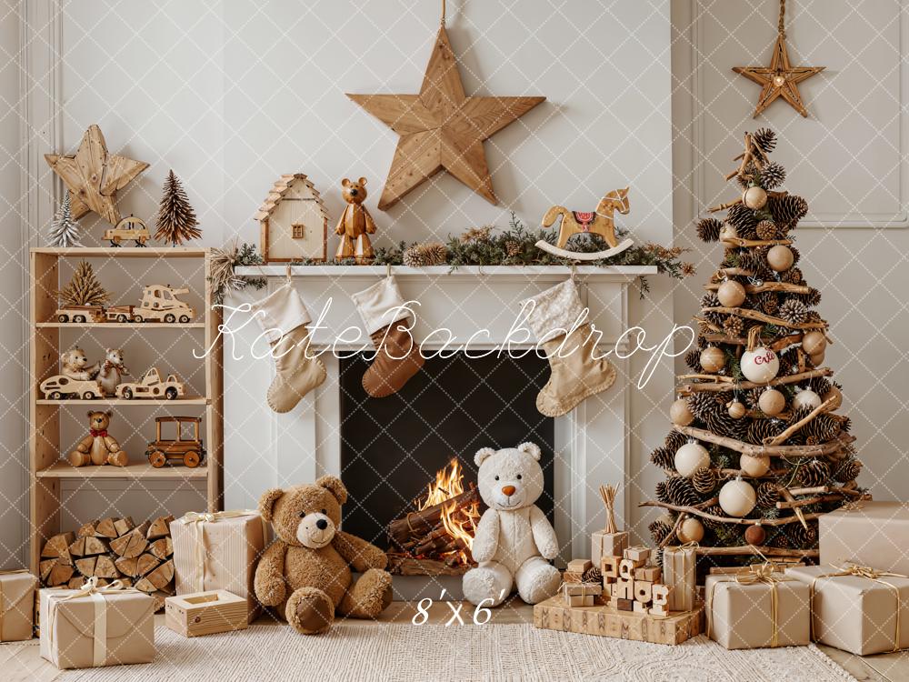 Kate Christmas Fireplace Tree Toys Fleece Backdrop Designed by Emetselch -UK