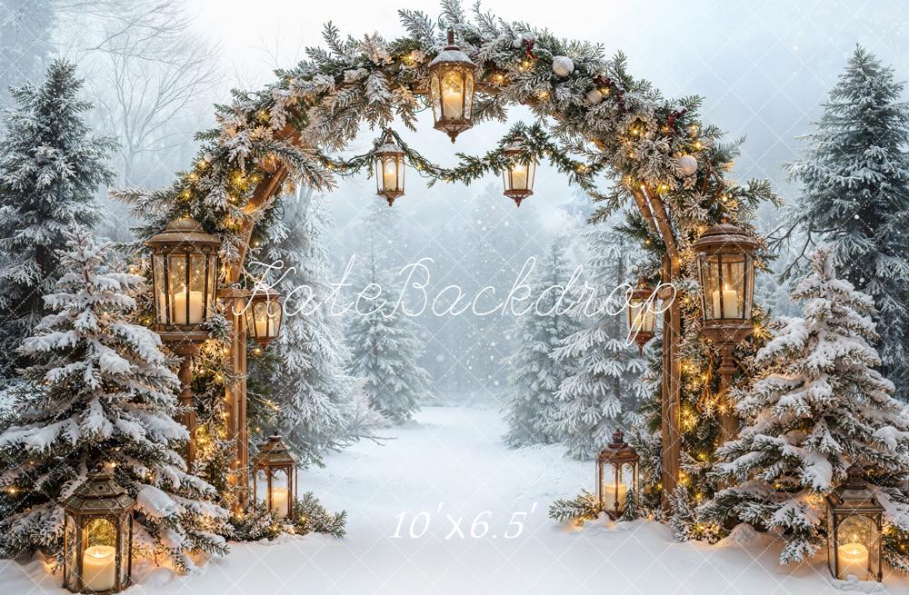 Kate Christmas Snowy Arch Lanterns Forest Fleece Backdrop Designed by Emetselch