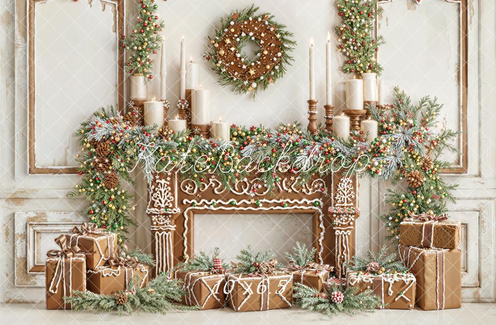 Kate Christmas Gingerbread Fireplace Garland Fleece Backdrop Designed by Emetselch