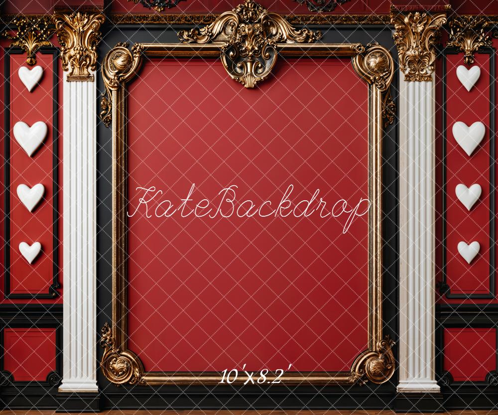 Kate Red Ornate Gold Frame Columns Hearts Fleece Backdrop Designed by Emetselch -UK