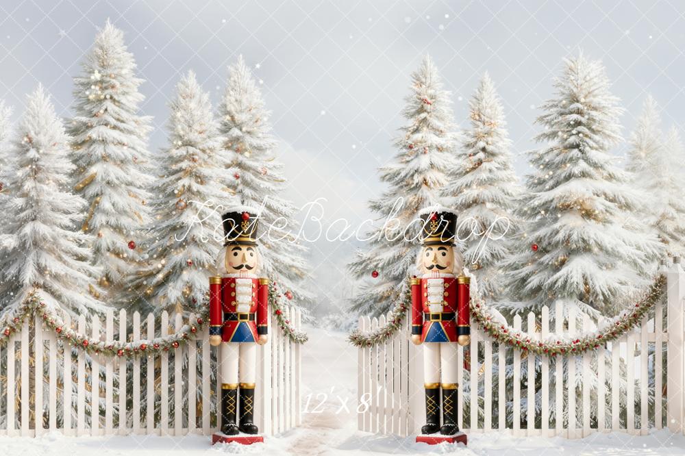 Kate Christmas Nutcracker Snowy Trees Fence Backdrop Designed by Emetselch