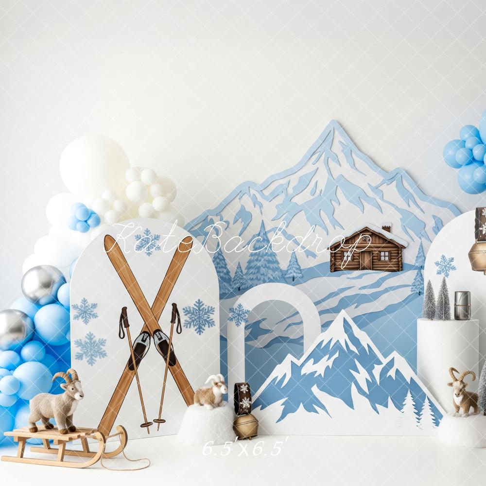 Kate Winter Mountain Cabin Skis Snowflakes Backdrop Designed by Patty Robert