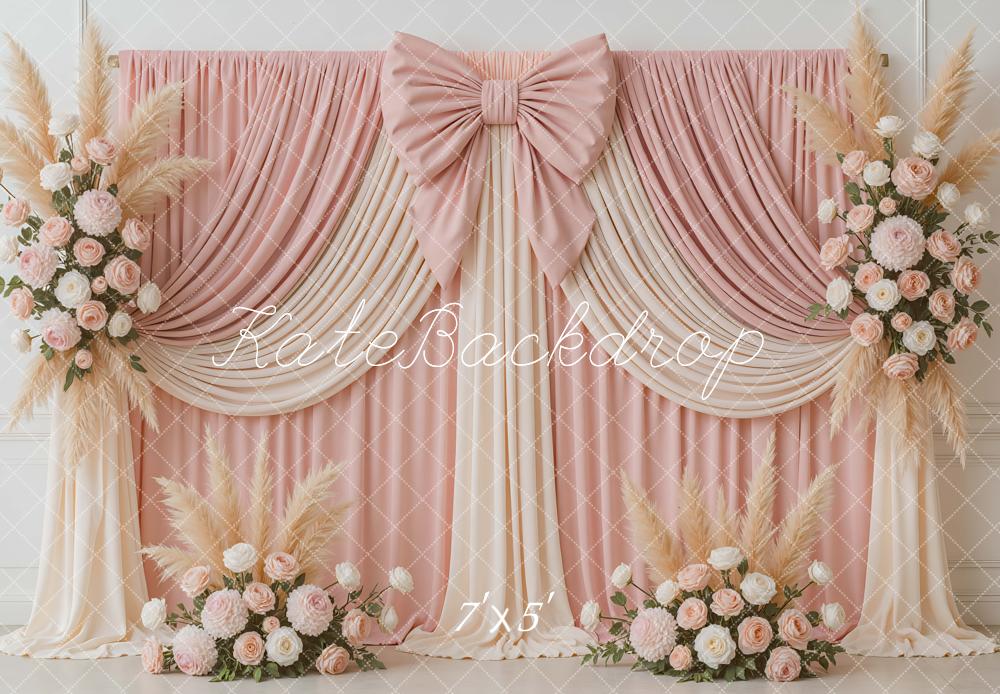 Kate Wedding Pink Drapes Bow Floral Backdrop Designed by Mini MakeBelieve -UK
