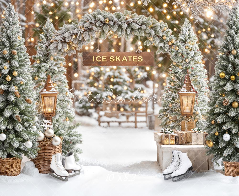Kate Winter Ice Skates Snowy Trees Christmas Backdrop Designed by Emetselch -UK