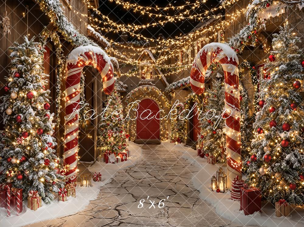Kate Christmas Candy Cane Snowy Path Fleece Backdrop Designed by Emetselch