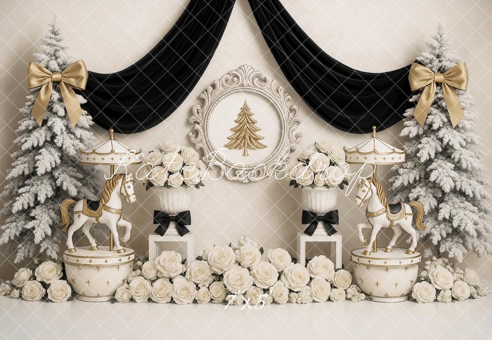 Kate Christmas Carousel Trees White Roses Backdrop Designed by Ashley Paul -UK