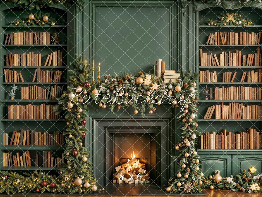 Kate Christmas Fireplace Bookshelves Garland Green Backdrop Designed by Emetselch -UK