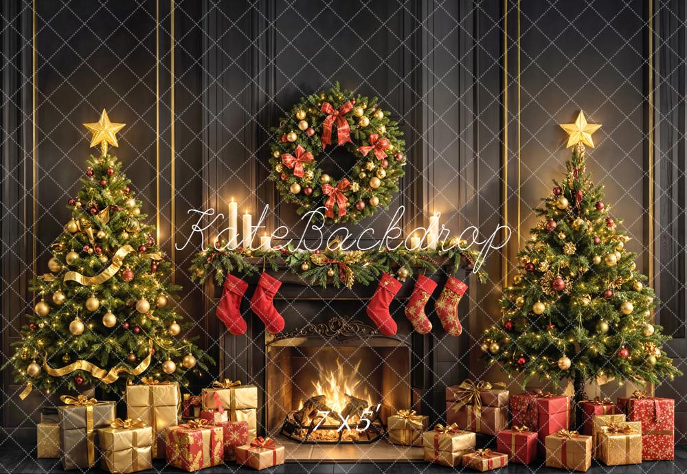Kate Christmas Fireplace Trees Wreath Stockings Backdrop Designed by Emetselch