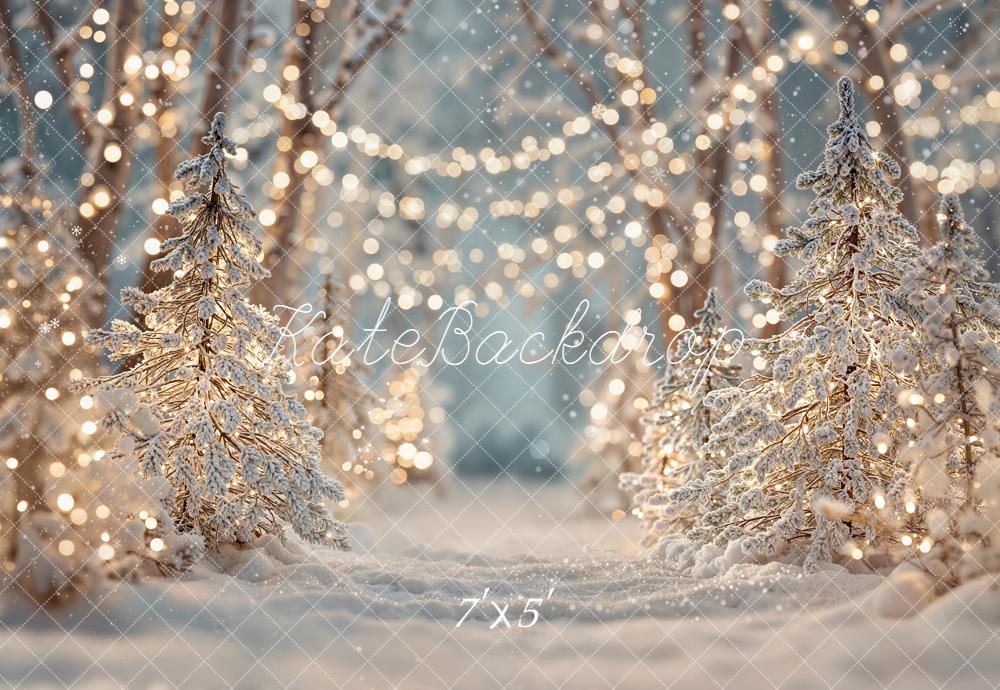 Kate Winter Snow Trees Fairy Lights Backdrop Designed by Emetselch
