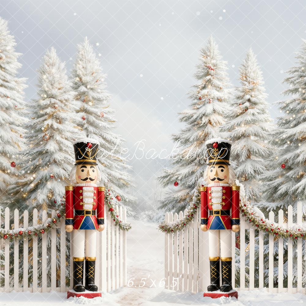 Kate Christmas Nutcracker Snowy Trees Fence Backdrop Designed by Emetselch