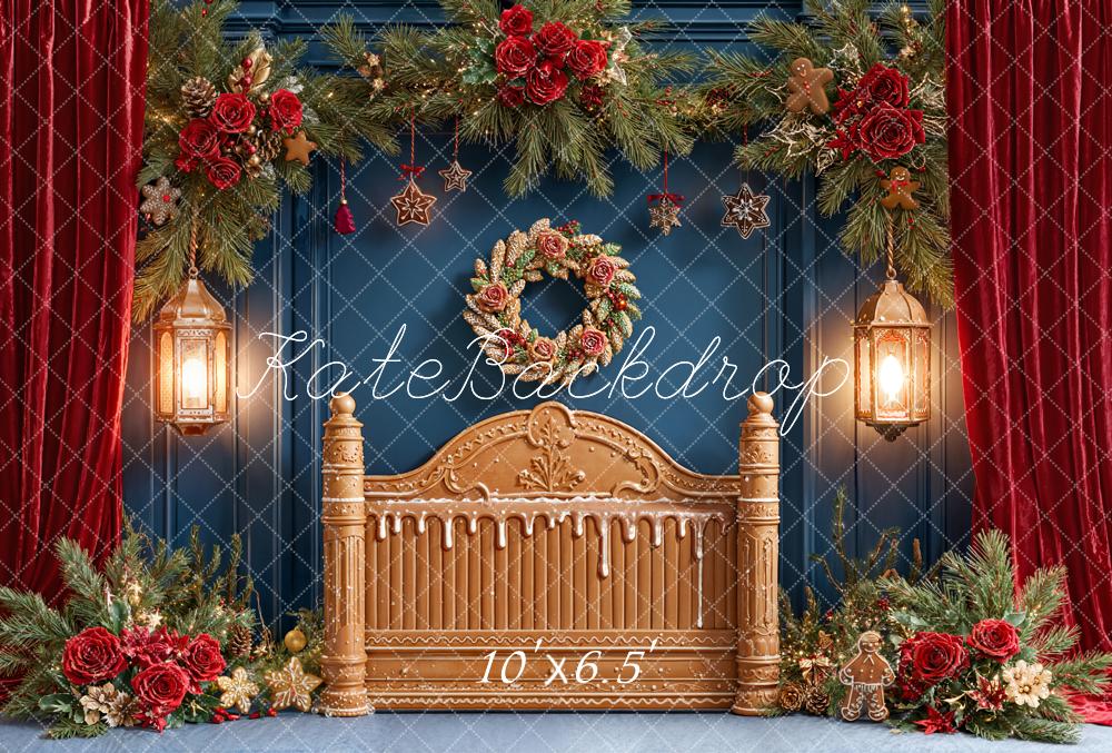 Kate Christmas Gingerbread Headboard Lanterns Fleece Backdrop Designed by Emetselch