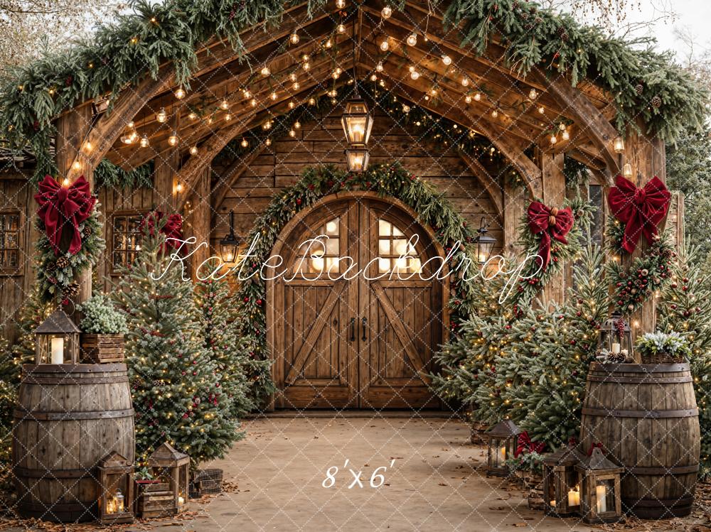 Kate Christmas Wooden Arch Barn Trees Fleece Backdrop Designed by Emetselch -UK