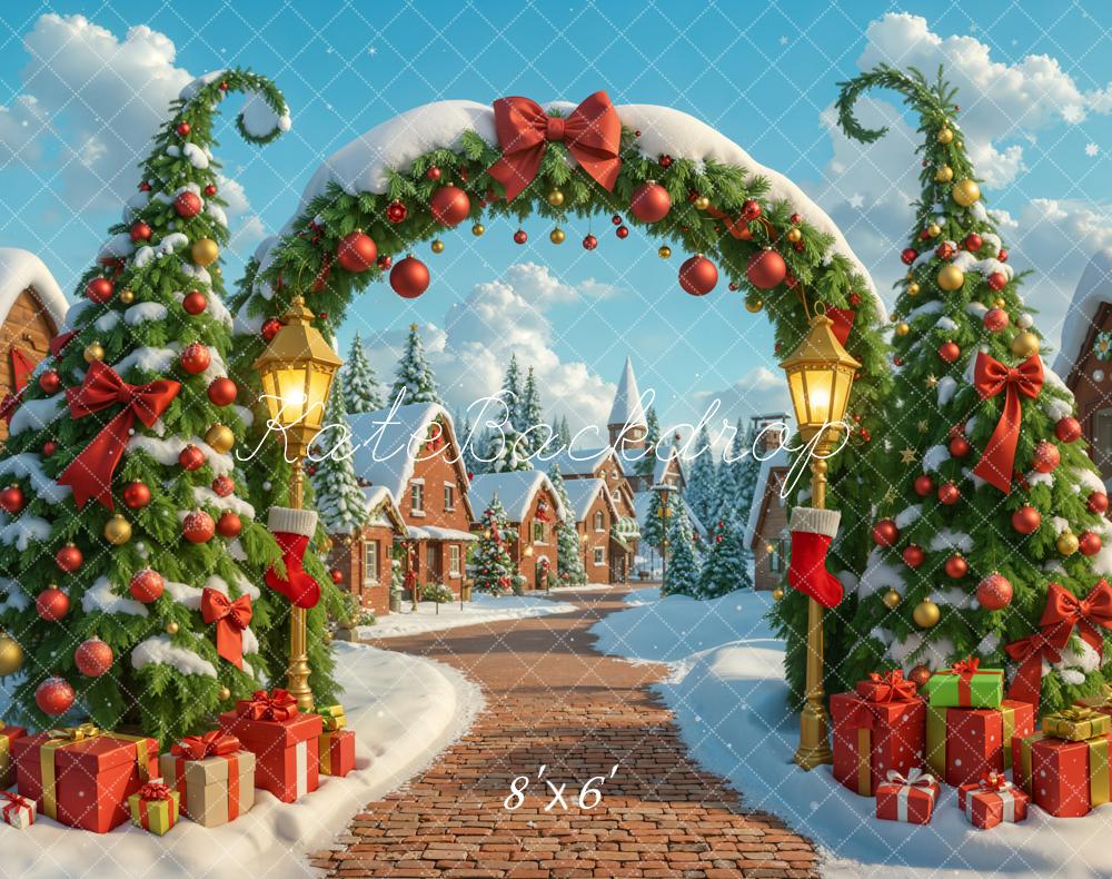 Kate Christmas Tree Arch Village Fleece Backdrop Designed by Emetselch -UK