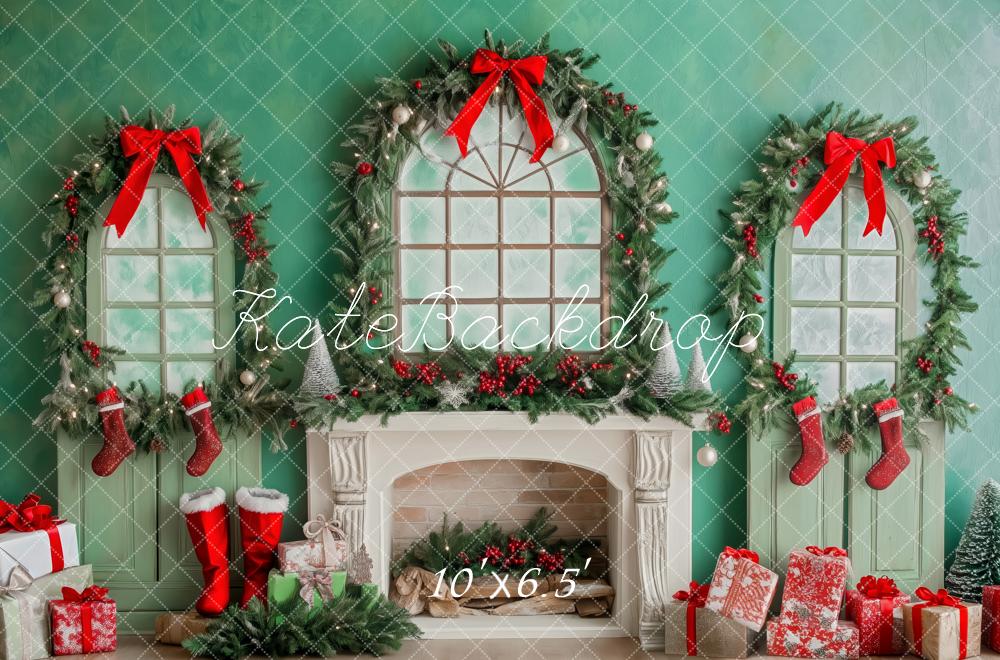 Kate Christmas Fireplace Wreaths Stockings Green Backdrop Designed by Patty Robert