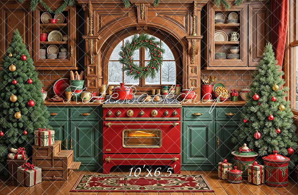 Kate Christmas Kitchen Trees Red Oven Fleece Backdrop Designed by Emetselch -UK