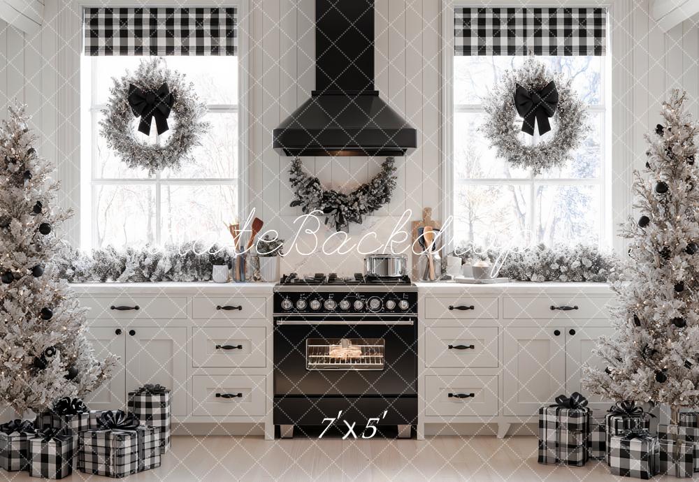 Kate Christmas Kitchen Trees Plaid Gifts Backdrop Designed by Ashley Paul